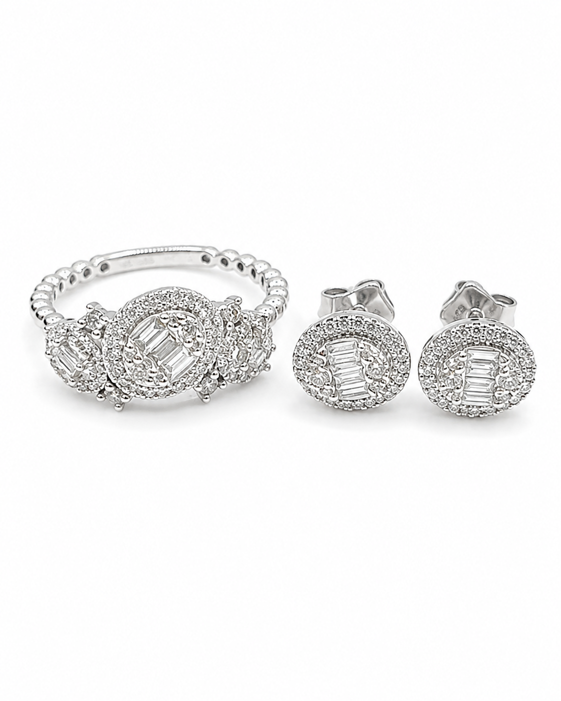 Classic Oval Halo Baguette Deco Diamond Jewelry Set 14K