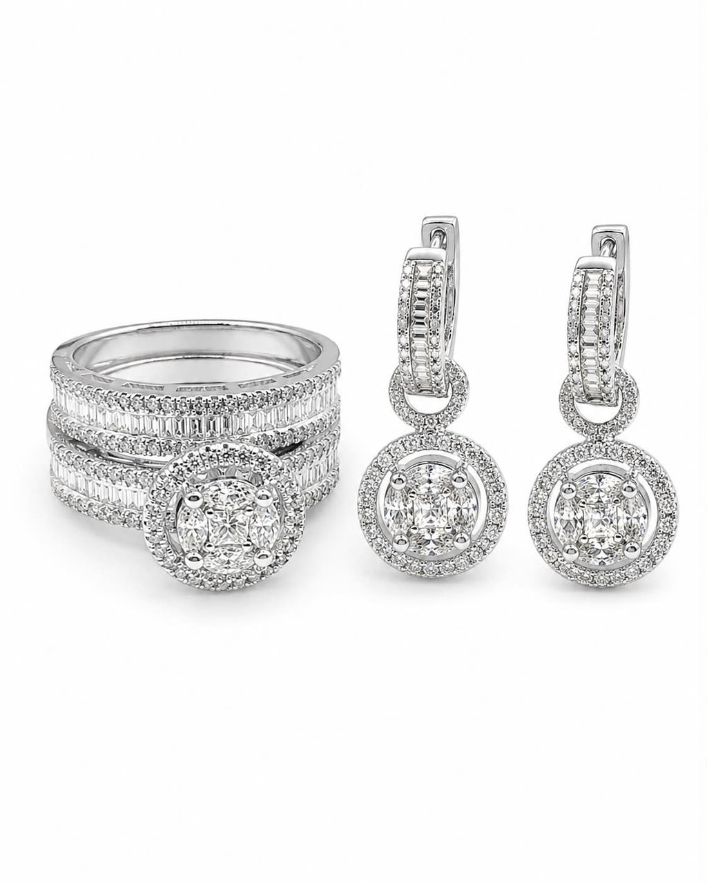 Classic Round Invisible Setting Dangling Diamond Jewelry Set 14K