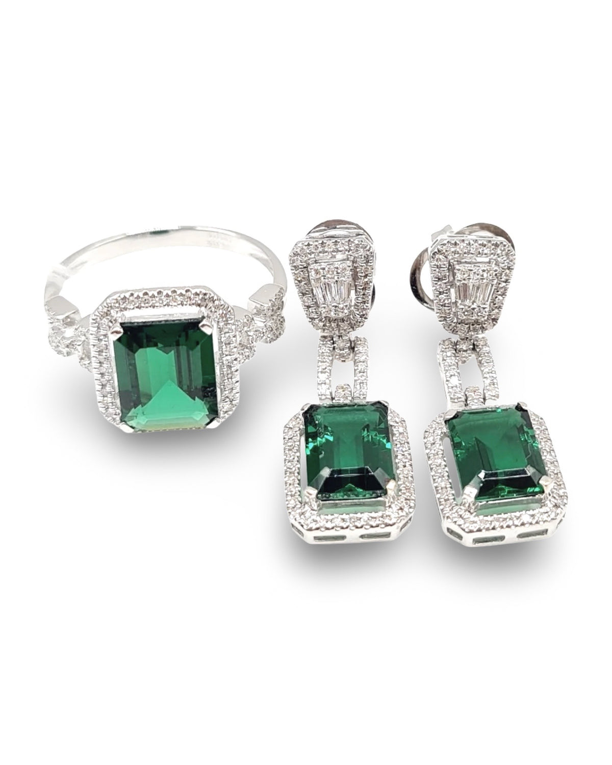 Grren Emerald Gemstones Dangling Paved Diamond Jewelry Set 14K