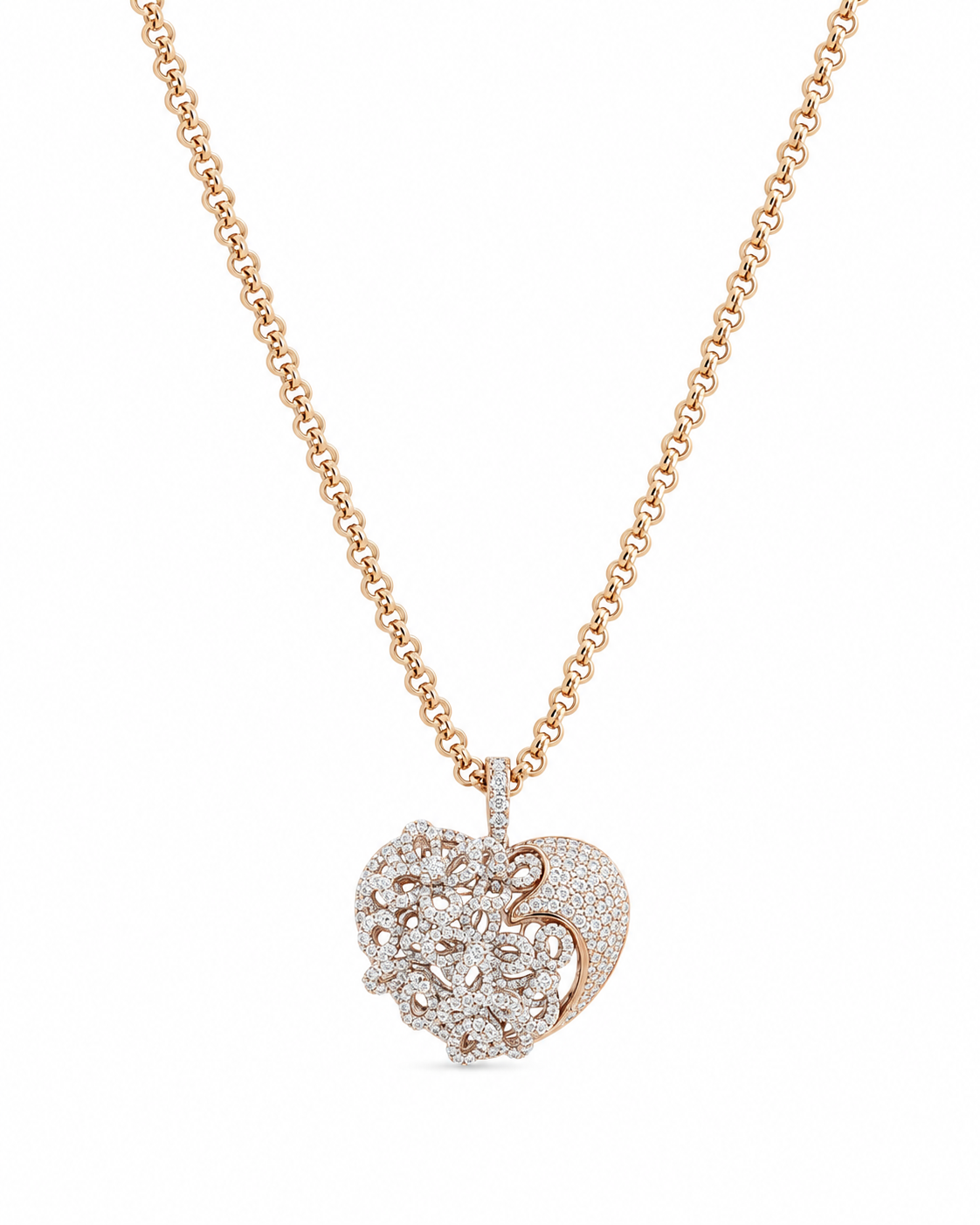 Classic Heart Studded Diamond Pave Rope Chain Necklace 18K