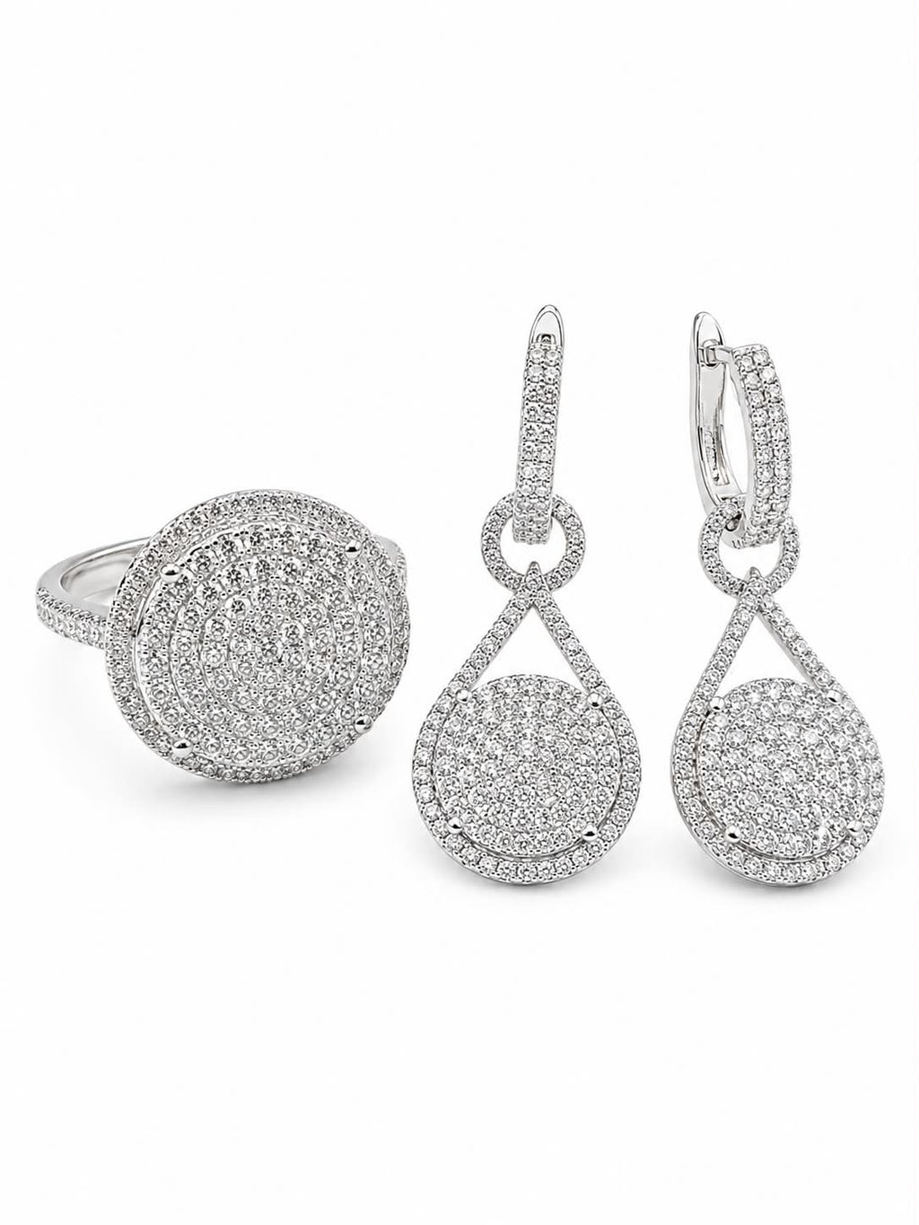 Classic Round Halo Paved Dangling Diamond Jewelry Set 14K