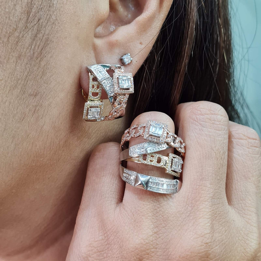 Three Tone Square Chain Link Statement Diamond Jewelry Set 14K