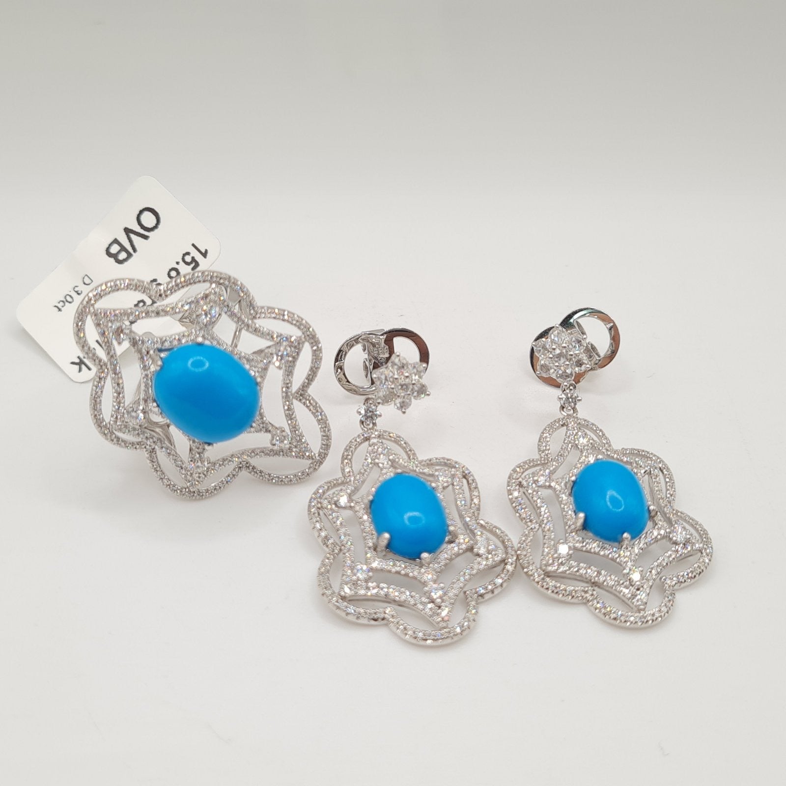 Turquoise Gemstones Floral Deco Dangling Diamond Jewelry Set 14K