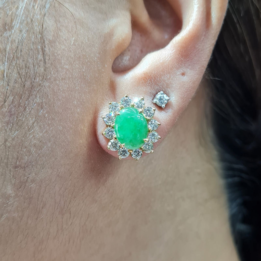 Jade Gemstones Stud Diamond Earrings 14K
