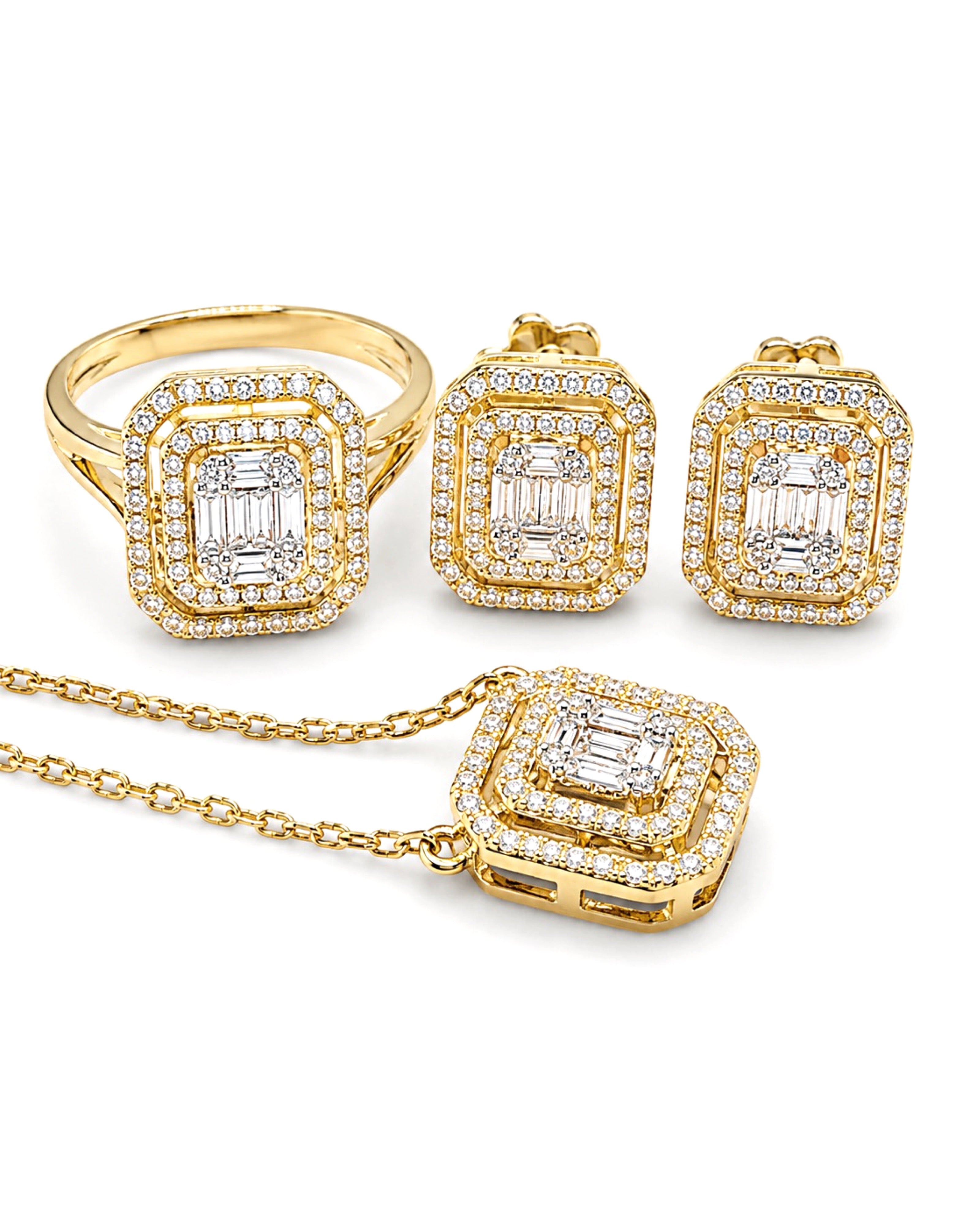 Classic Emerald Baguette Double Halo Diamond Jewelry Set 14K