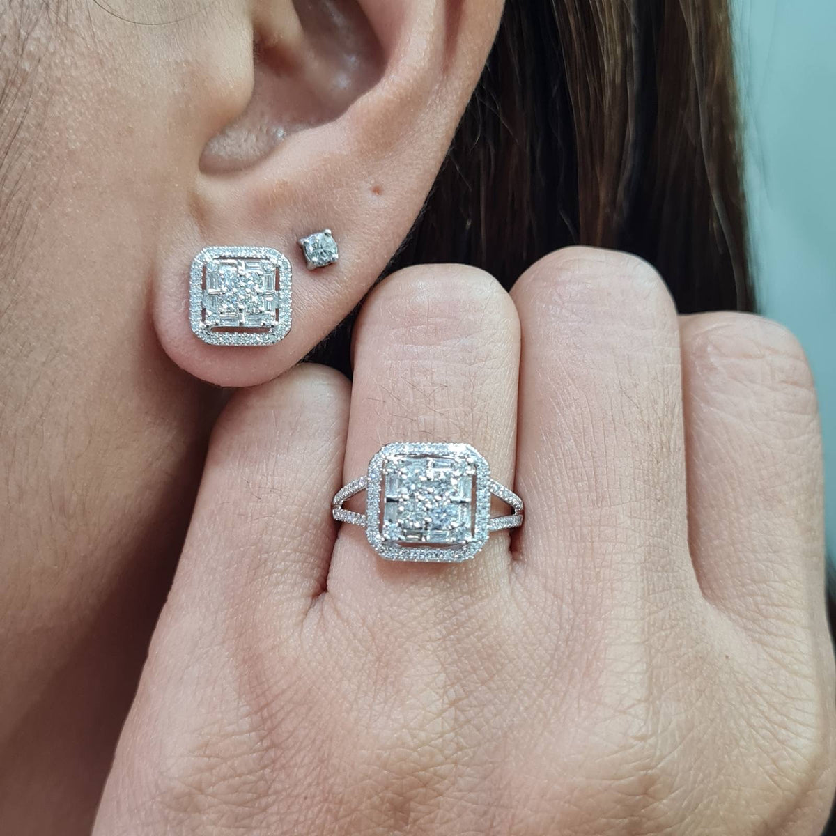 Classic Cushion Baguette Halo Stud Diamond Jewelry Set 14K