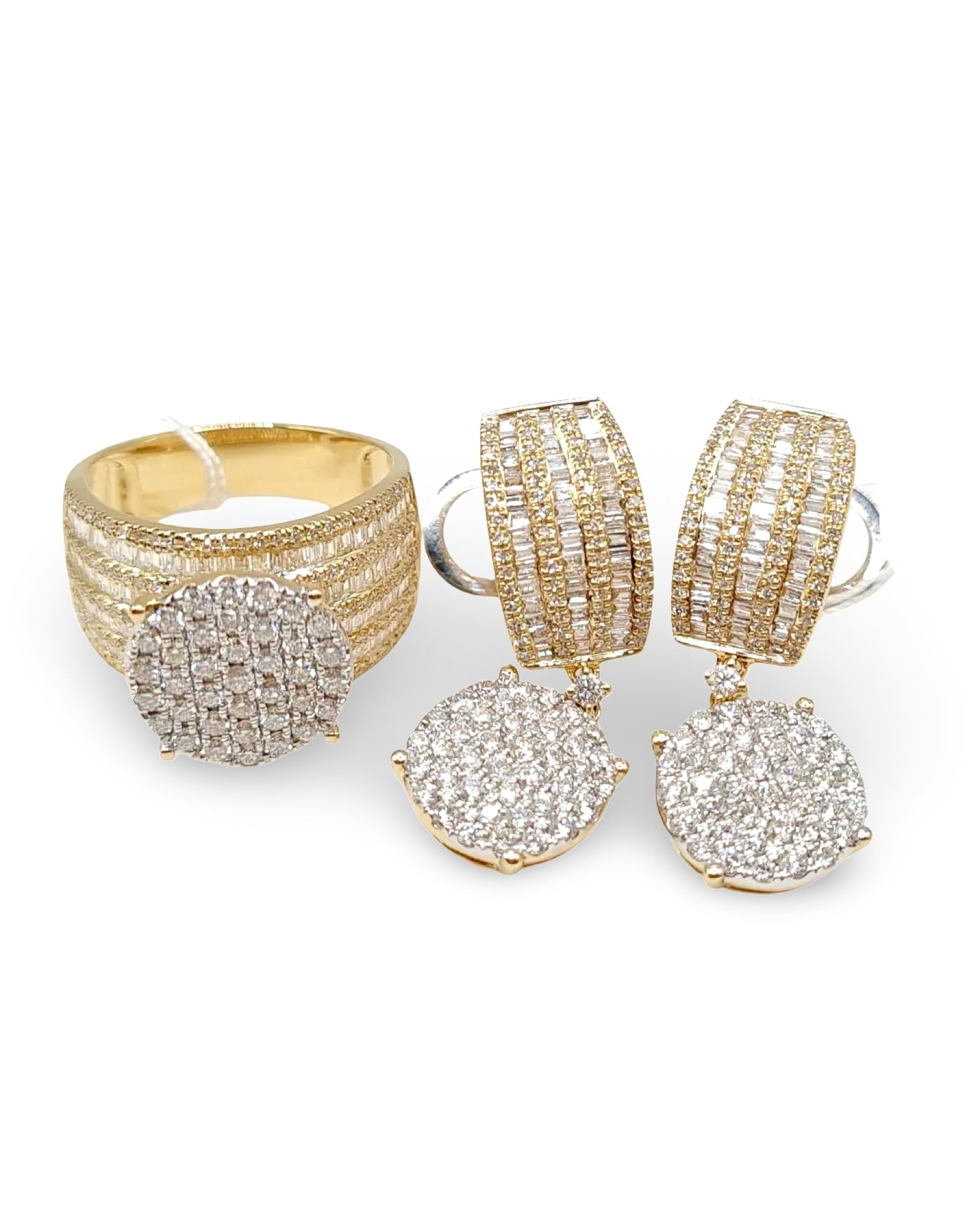 Golden Classic Round Dangling Baguette Paved Diamond Jewelry Set 14K