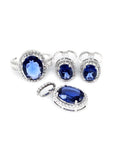 Oval Blue Sapphire Gemstones Halo Baguette Paved Diamond Jewelry Set 14K