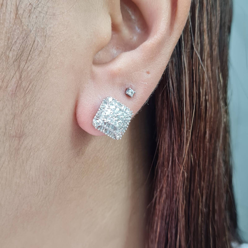 Classic Square Baguette Stud Diamond Earrings 18K