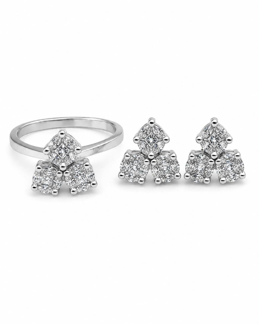 Classic Round Trefoil Round Invisible Setting Diamond Jewelry Set 14K