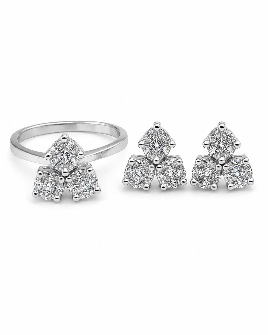 Classic Round Trefoil Round Invisible Setting Diamond Jewelry Set 14K