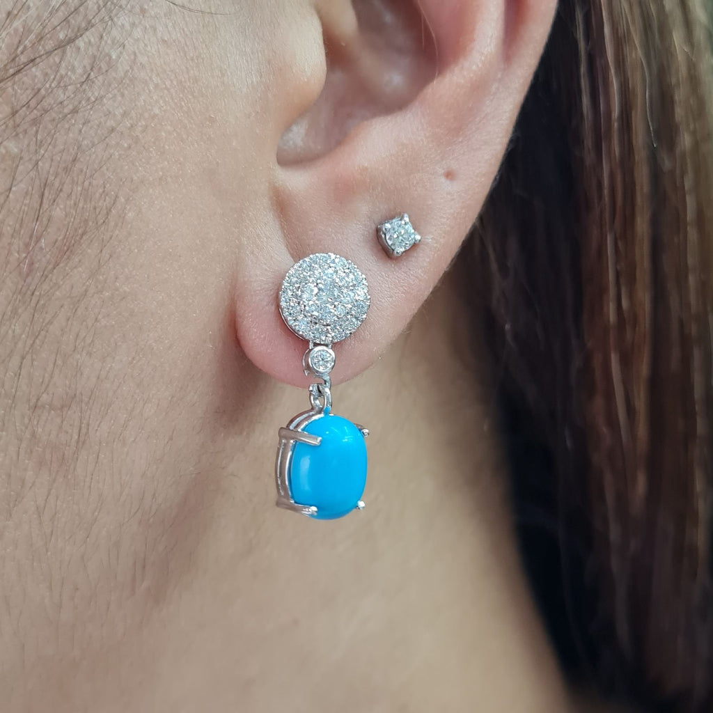 Turquoise Gemstones Dangle Round Diamond Jewelry Set 14K