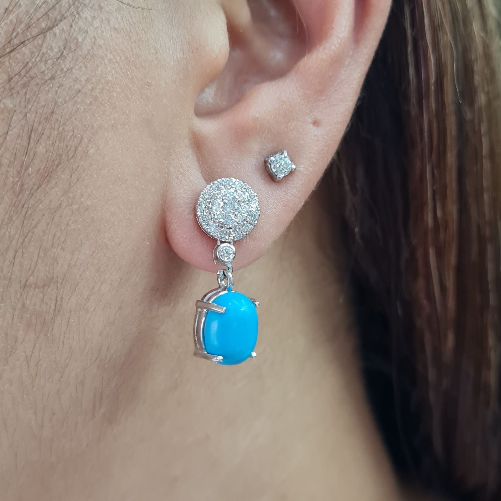 Turquoise Gemstones Dangle Round Diamond Jewelry Set 14K