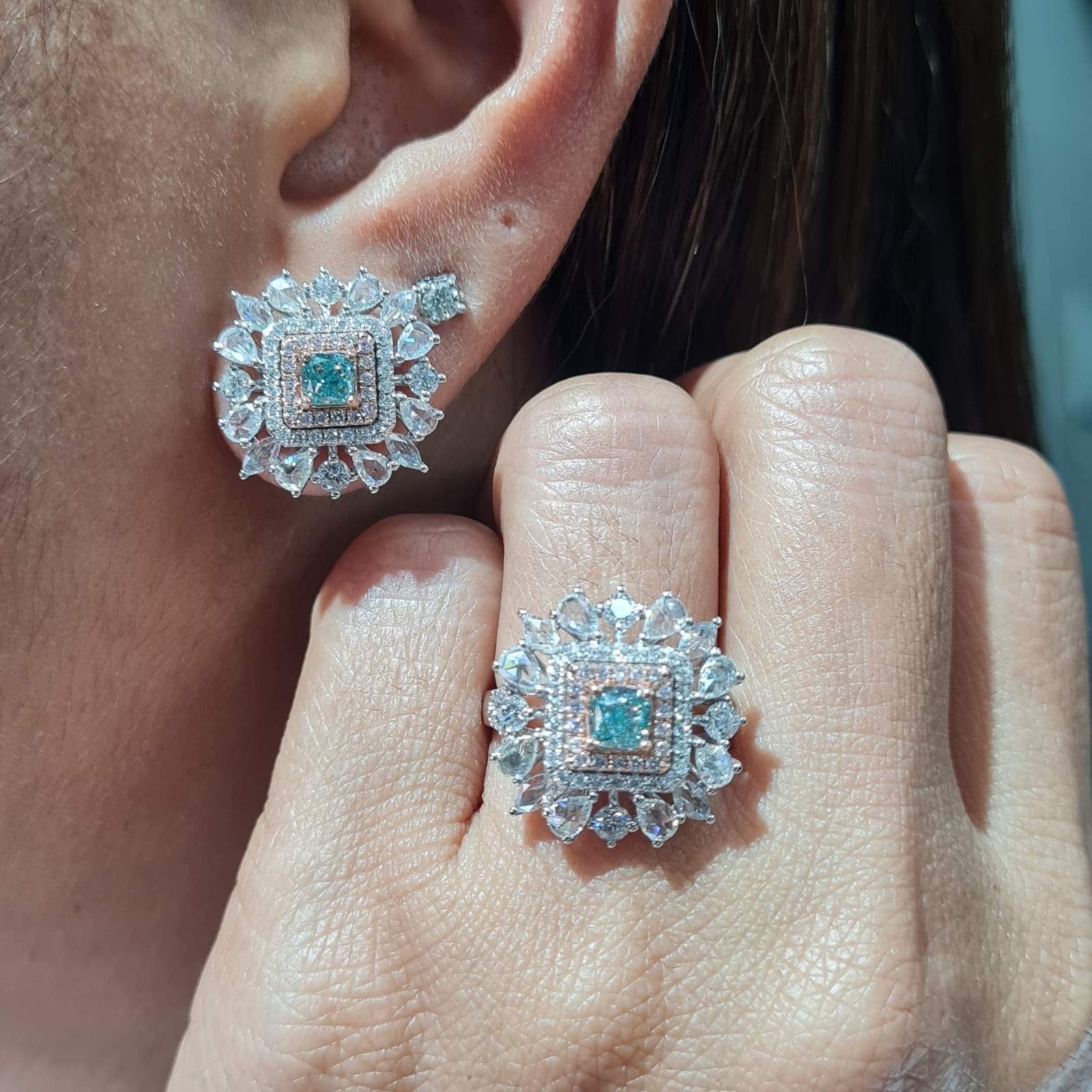 Fancy Blue Diamond Two Tone Cluster Jewelry Set 14K