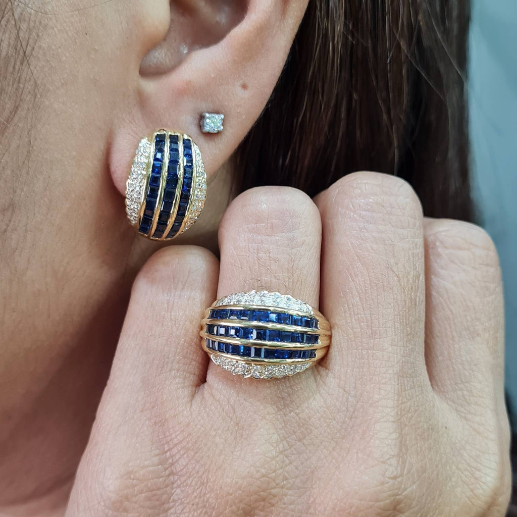 Golden Blue Sapphire Gemstones Millionaire’s Diamond Jewelry Set 18K