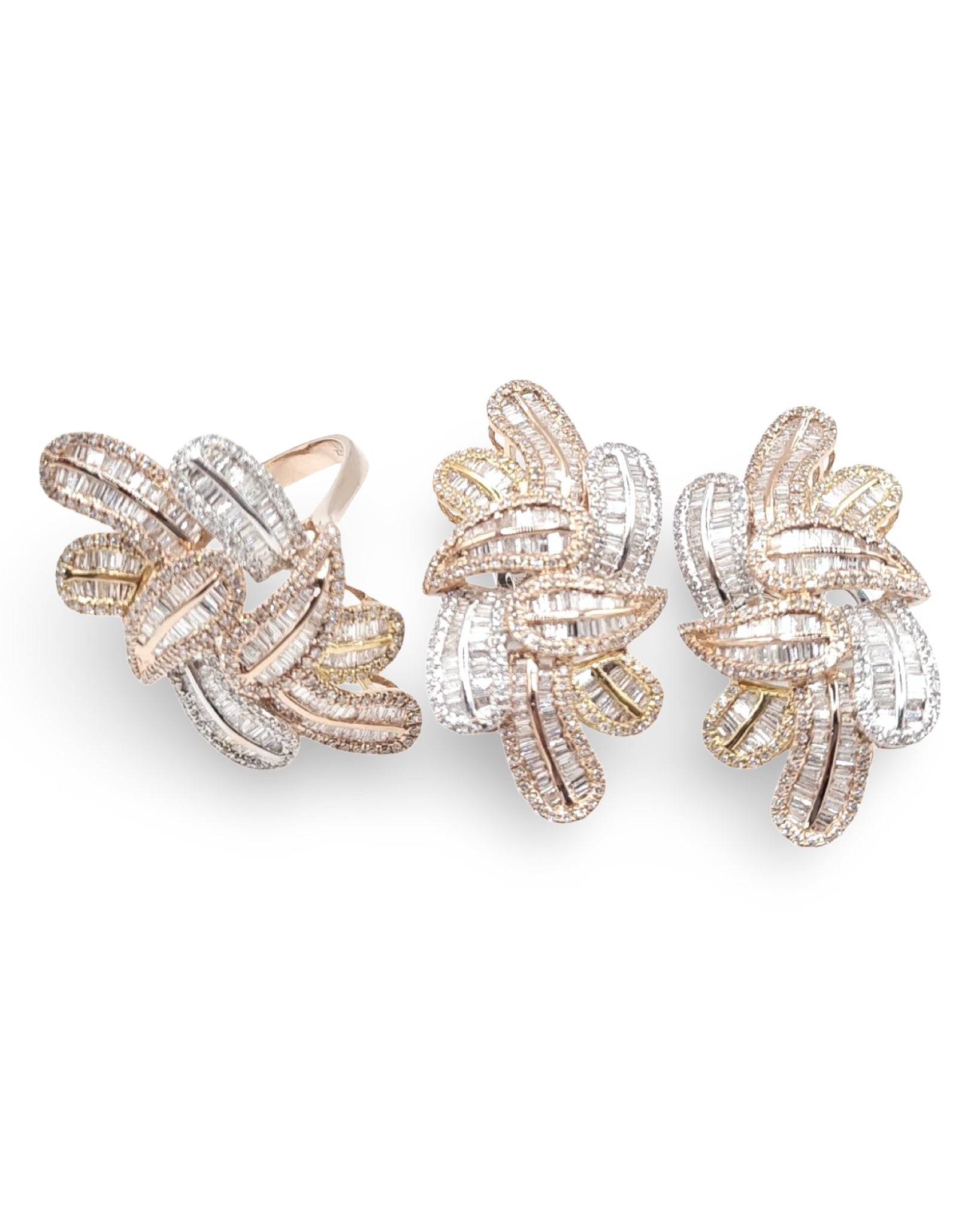 Two Tone Leaf Baguette Cluster Statement Diamond Jewelry Set 14K
