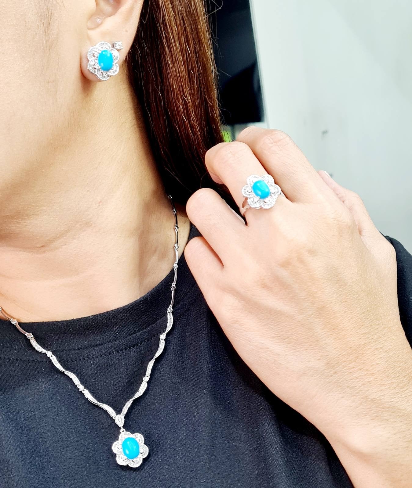 Turquoise Gemstones Floral Deco Diamond Jewelry Set 14K