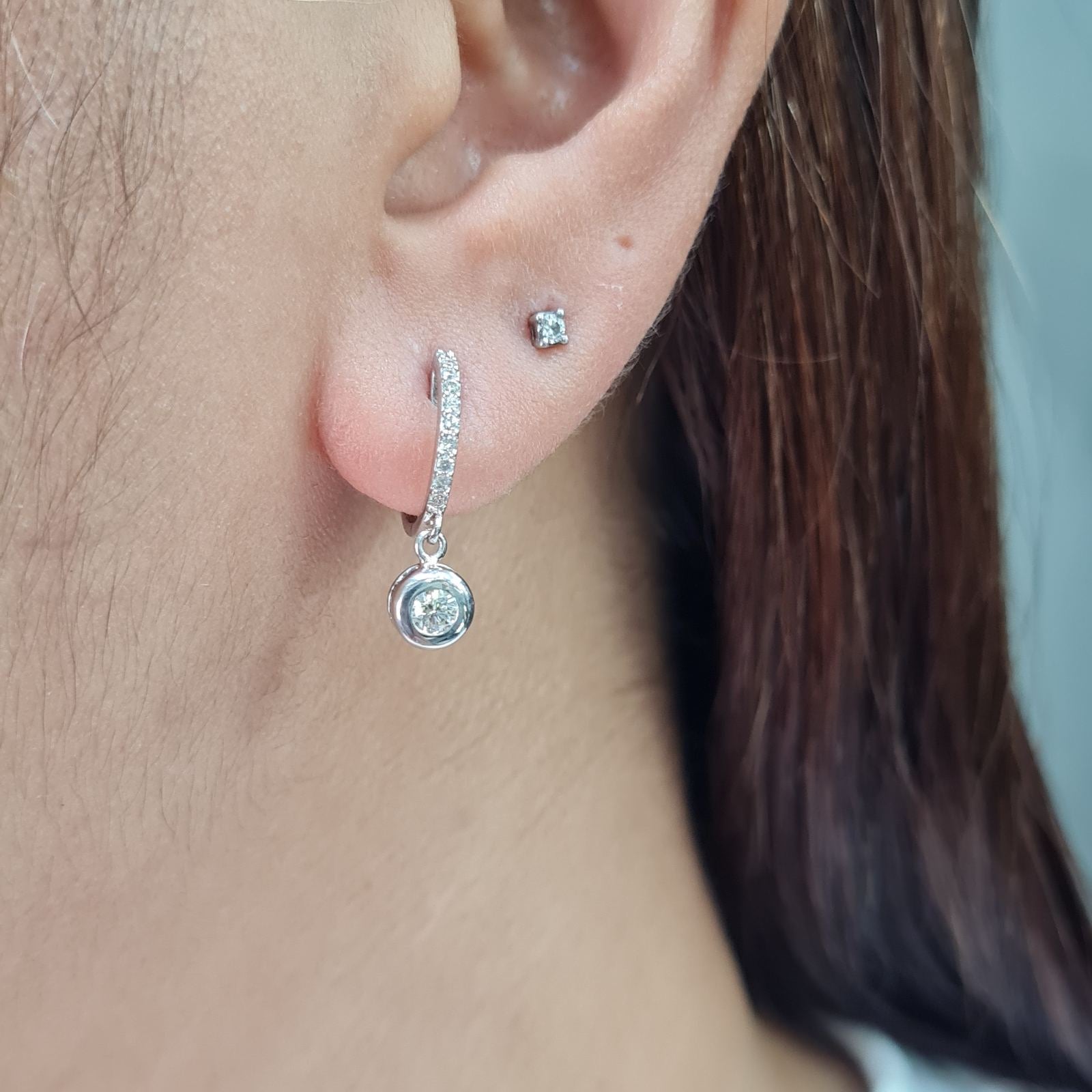 Classic Round Bezel Hoop Dangle Diamond Earrings 18K