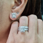 Classic Emerald Halo Twin Ring Baguette Diamond Jewelry Set 14K
