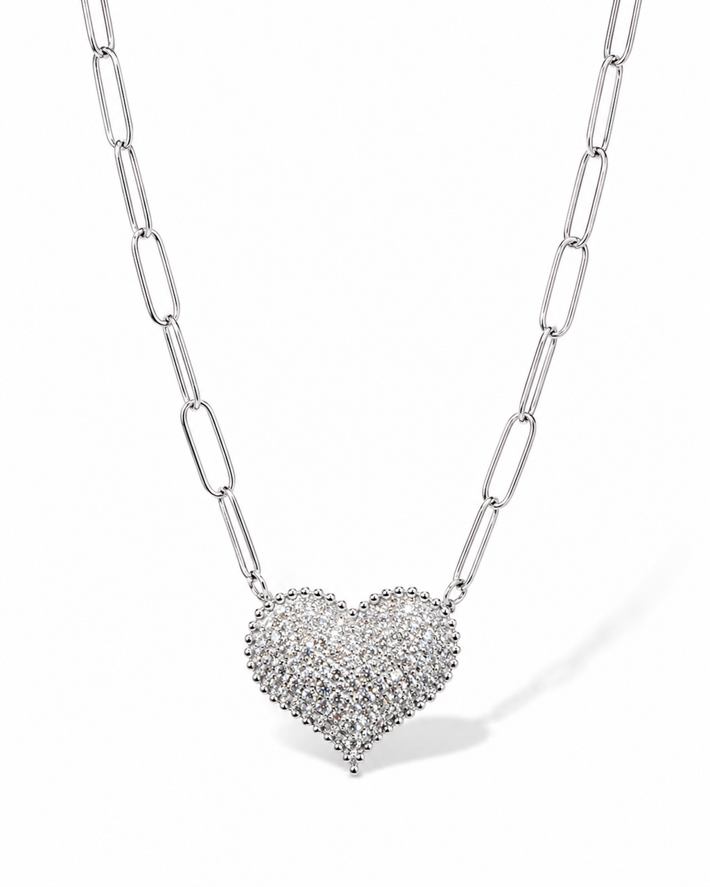 Classic Heart Large Studded Paperclip Chain Diamond Necklace 14K