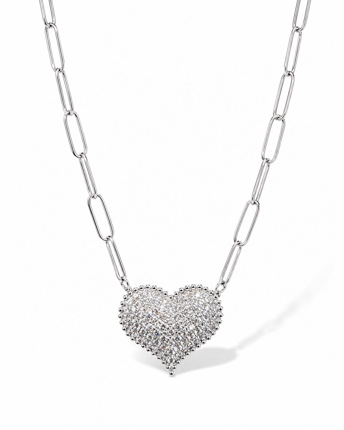 Classic Heart Large Studded Paperclip Chain Diamond Necklace 14K