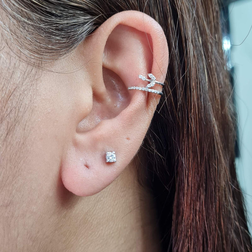 Leaf Ear Cuff Hoop Diamond Earrings 18K