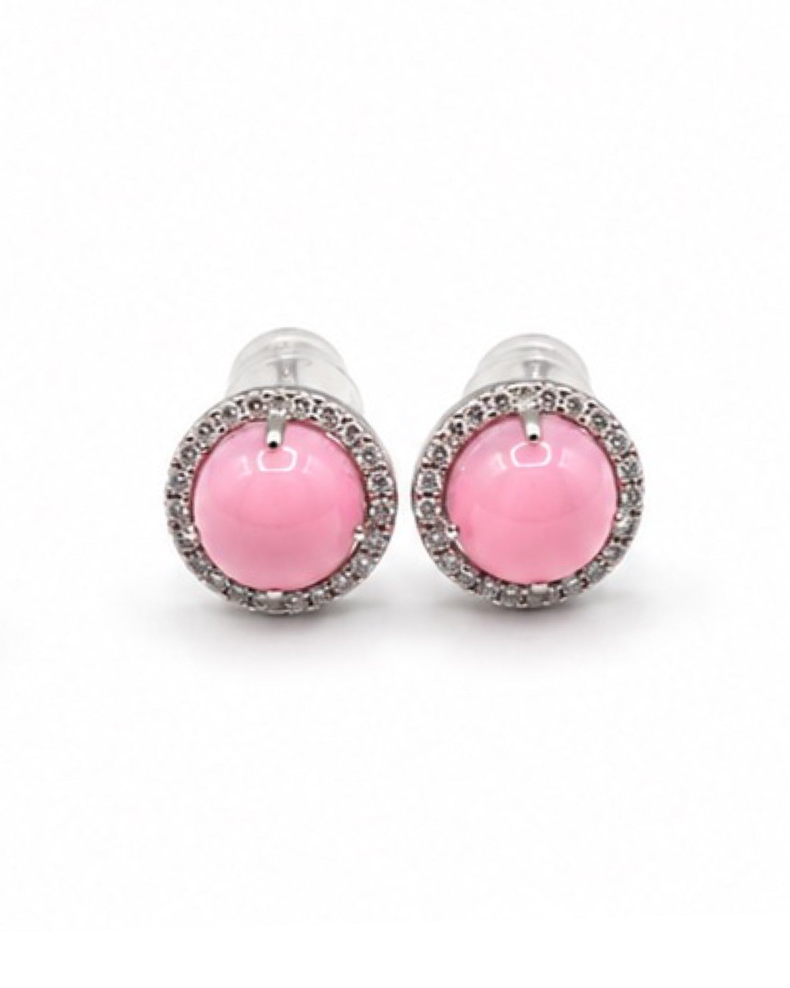Daily Round Pink Opal Gemstones Halo Stud Diamond Earrings 14K