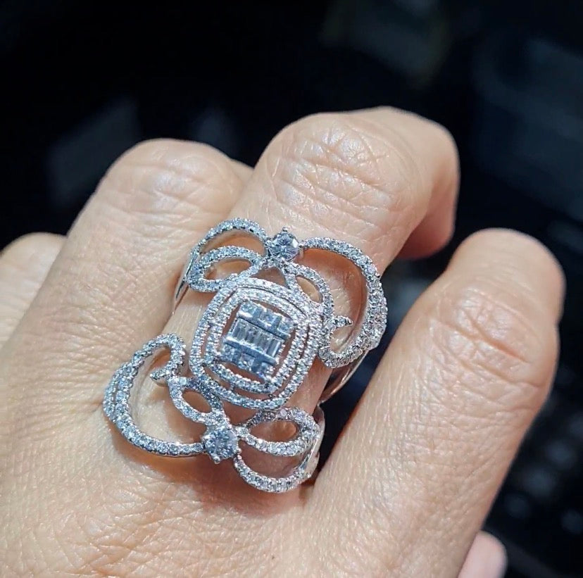 Classic Cushion Double Halo Deco Statement Diamond Ring 18K