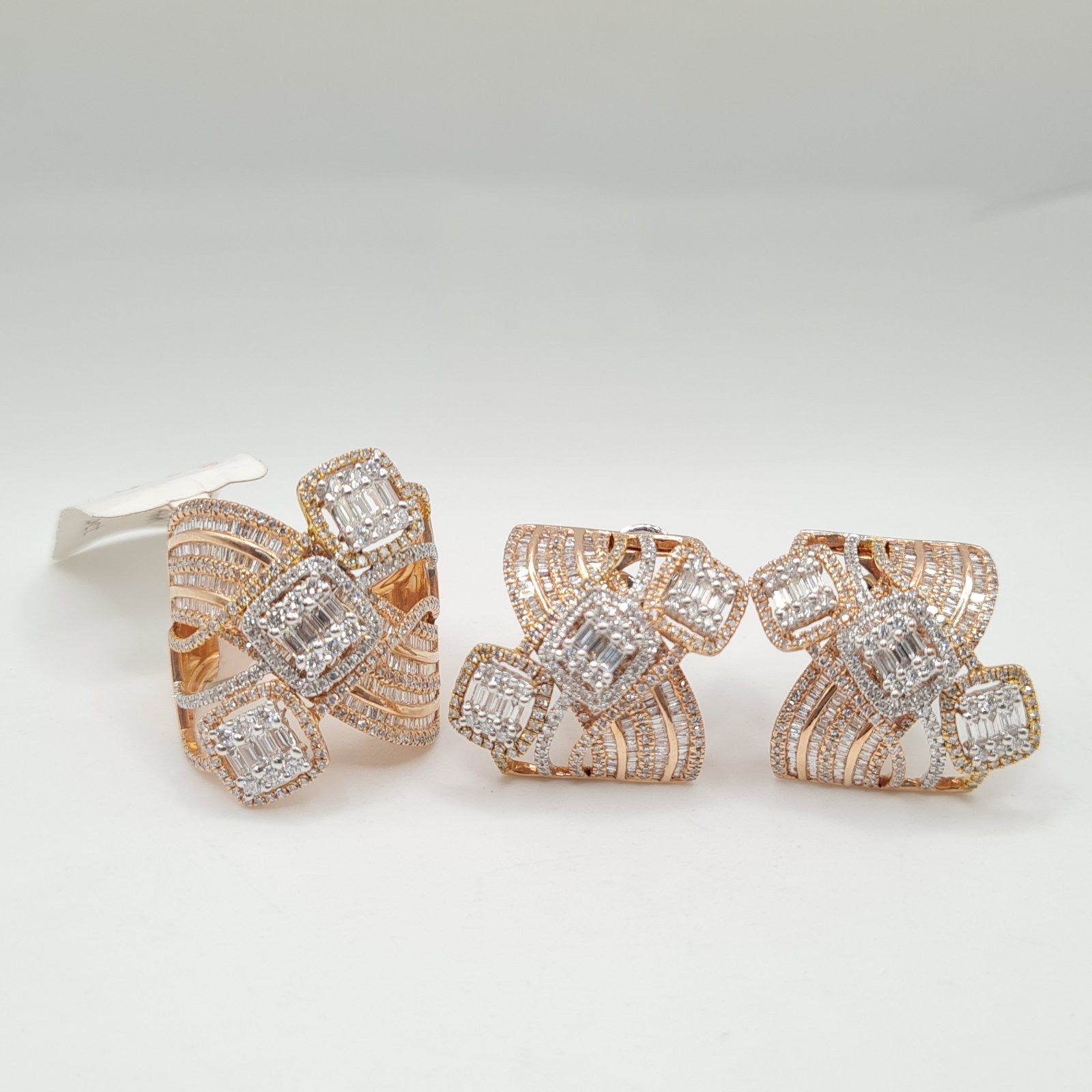 Two Tone Trio Cushion Crossover Statement Diamond Jewelry Set 14K