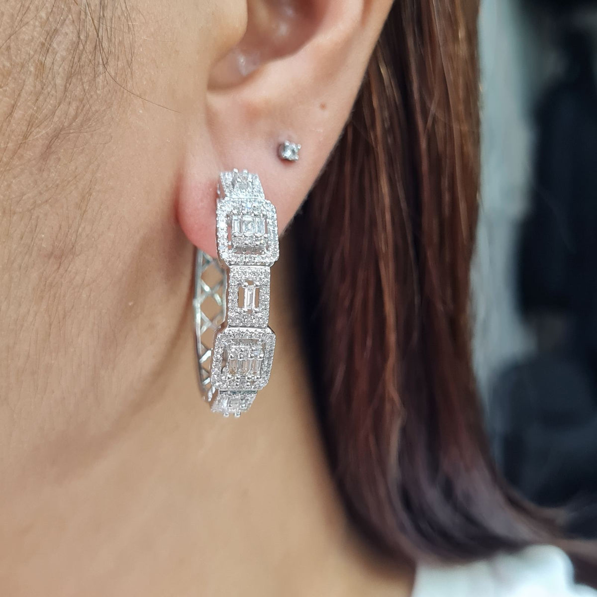 Classic Emerald Baguette Hoop Diamond Earrings 14K