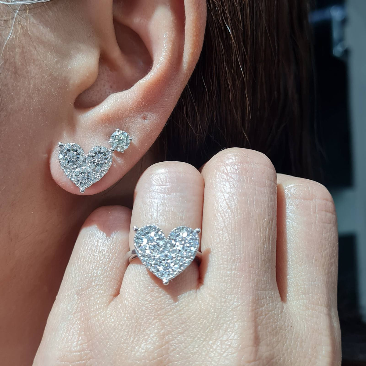 Classic Heart Paved Stud Diamond Jewelry Set 14K