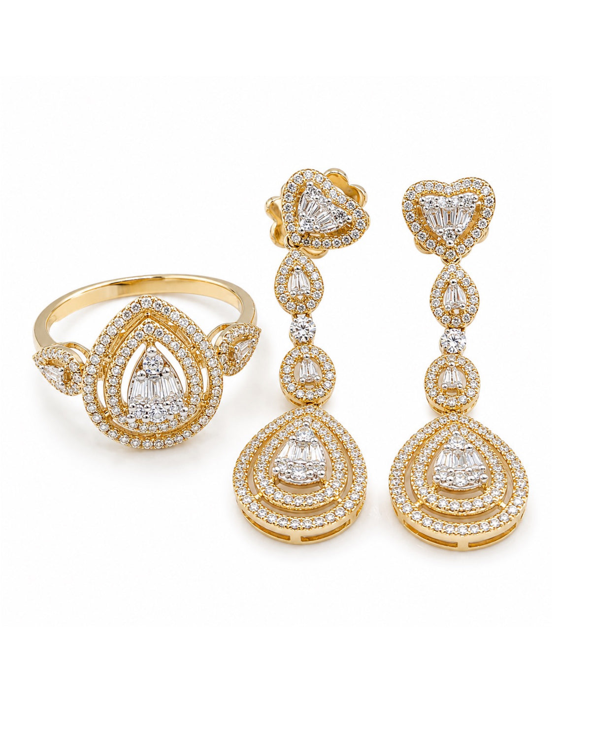 Classic Pear Heart Halo Paved Dangling Diamond Jewelry Set 14K