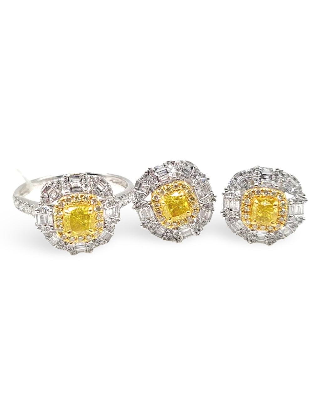 Rare Fancy Yellow Colored Diamonds Cushion Halo Baguette Diamond Jewelry Set 14K