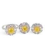 Rare Fancy Yellow Colored Diamonds Cushion Halo Baguette Diamond Jewelry Set 14K