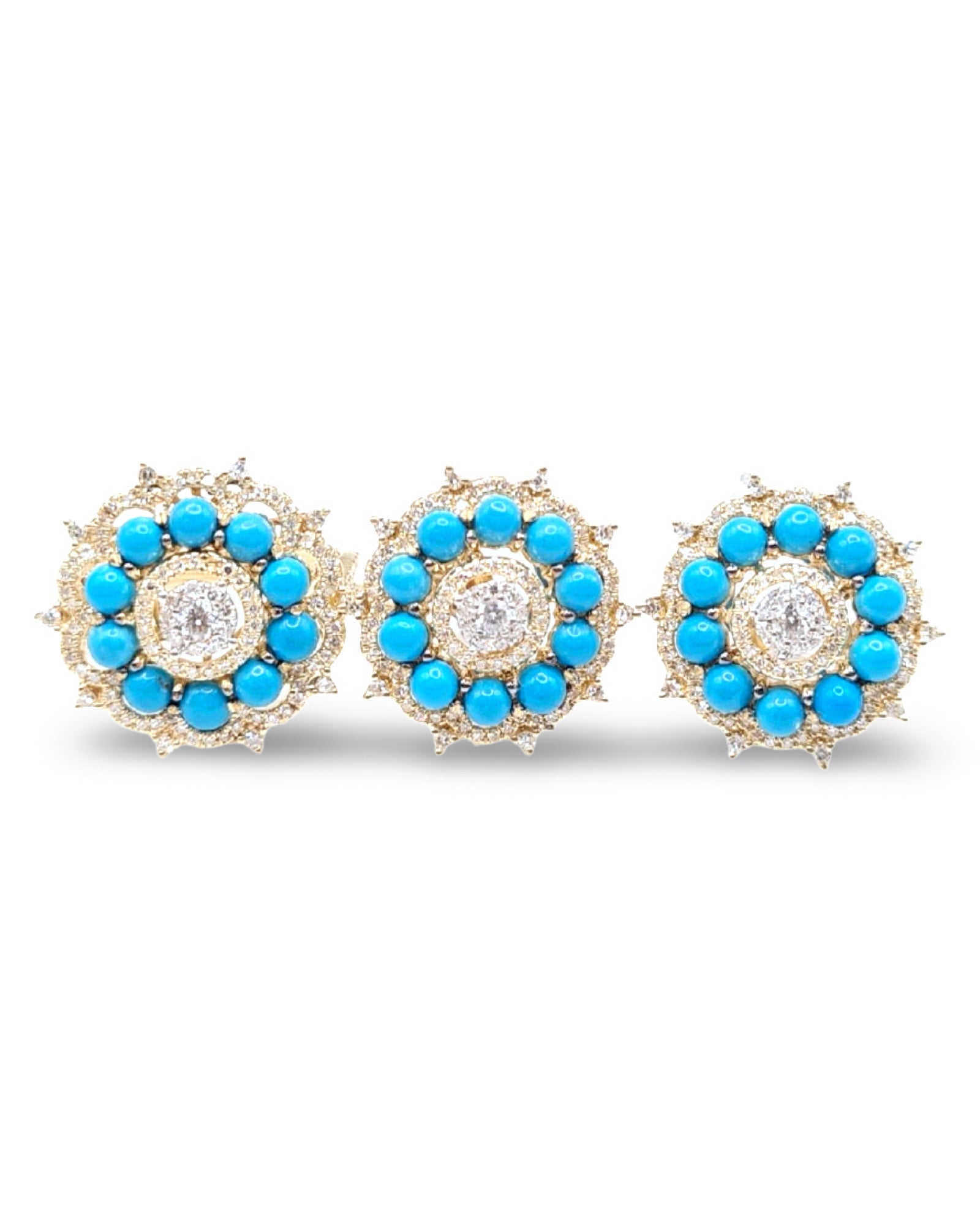 Golden Turquoise Gemstones Round Halo Diamond Jewelry Set 14K