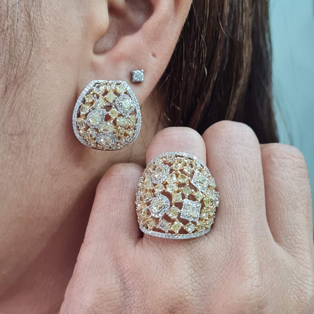 Rare Fancy Yellow Colored Diamonds Dome Cluster Diamond Jewelry Set 14K
