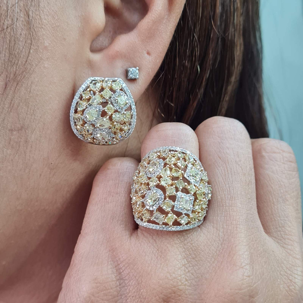 Rare Fancy Yellow Colored Diamonds Dome Cluster Diamond Jewelry Set 14K