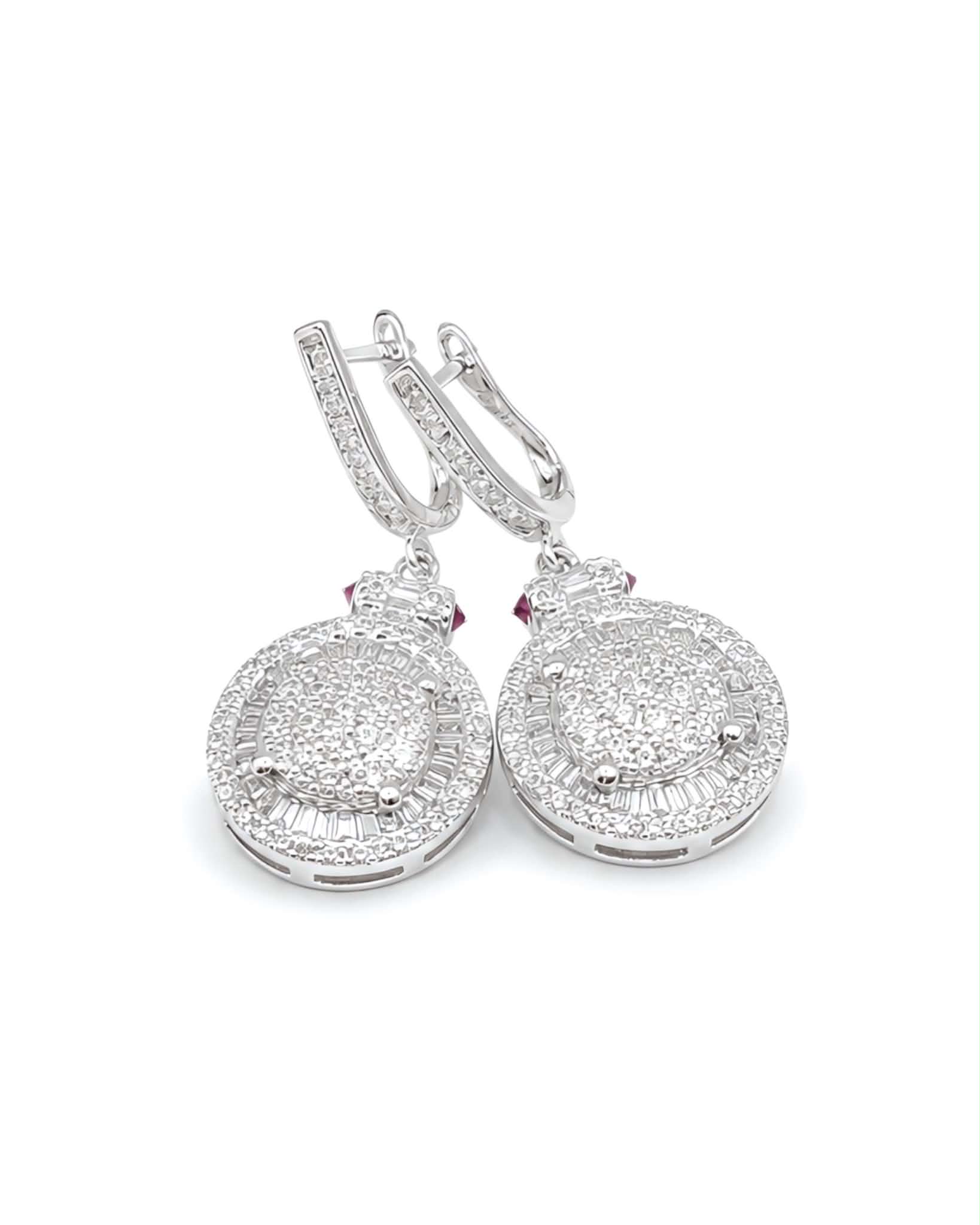Classic Round Baguette Dangling Diamond Earrings 14K