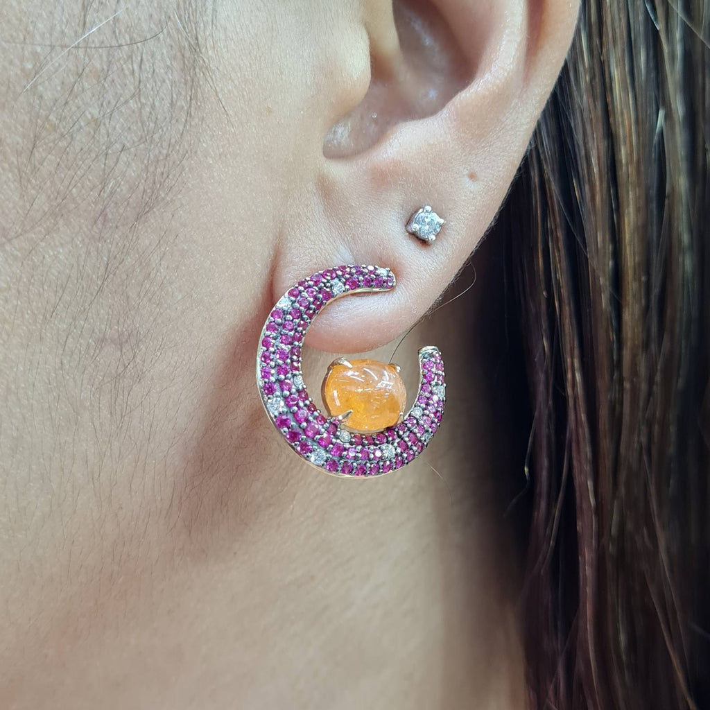 Citrine Pink Sapphire Gemstones Hoop Diamond Earrings 14K