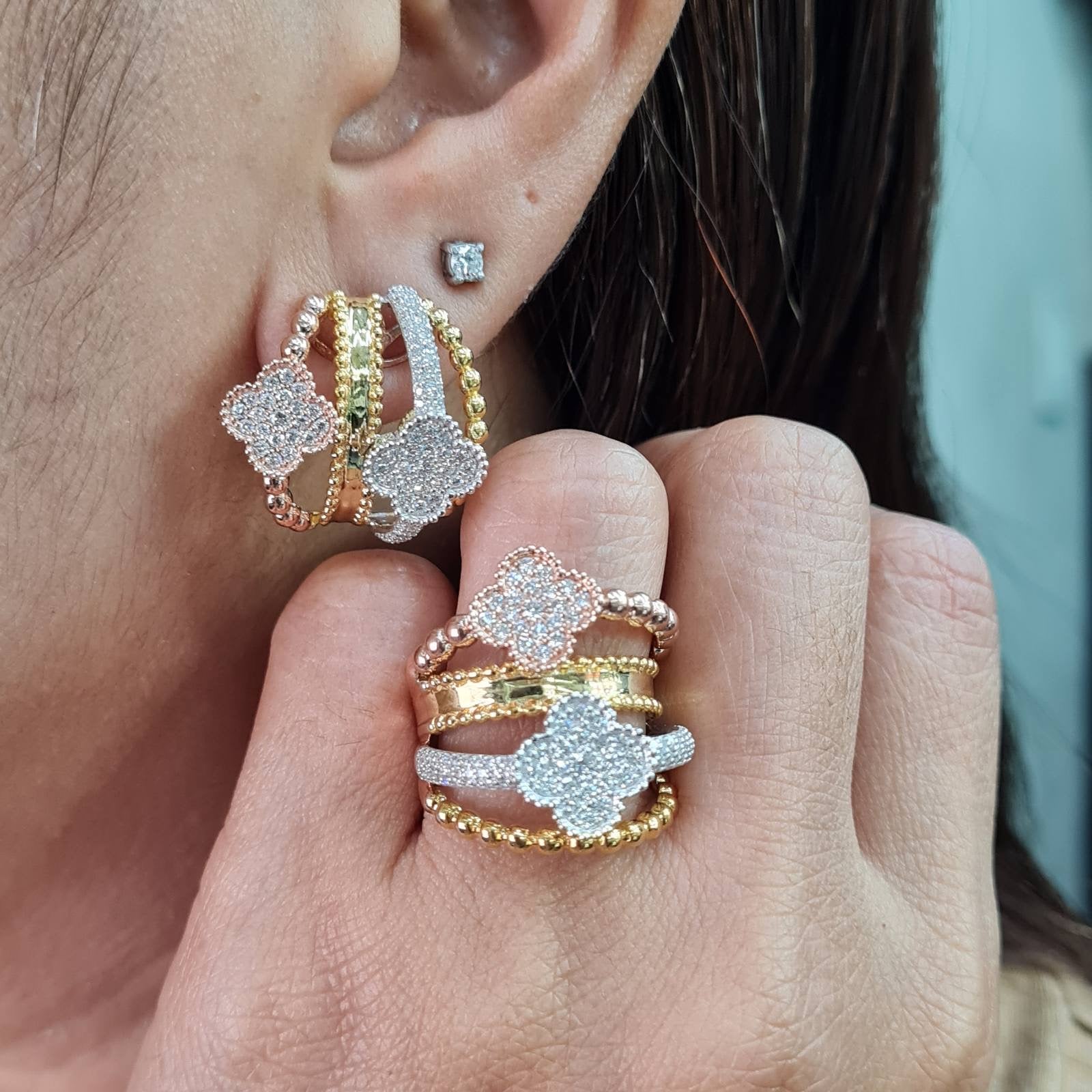 Three Tone Clover Statement Diamond Jewelry Set 14K