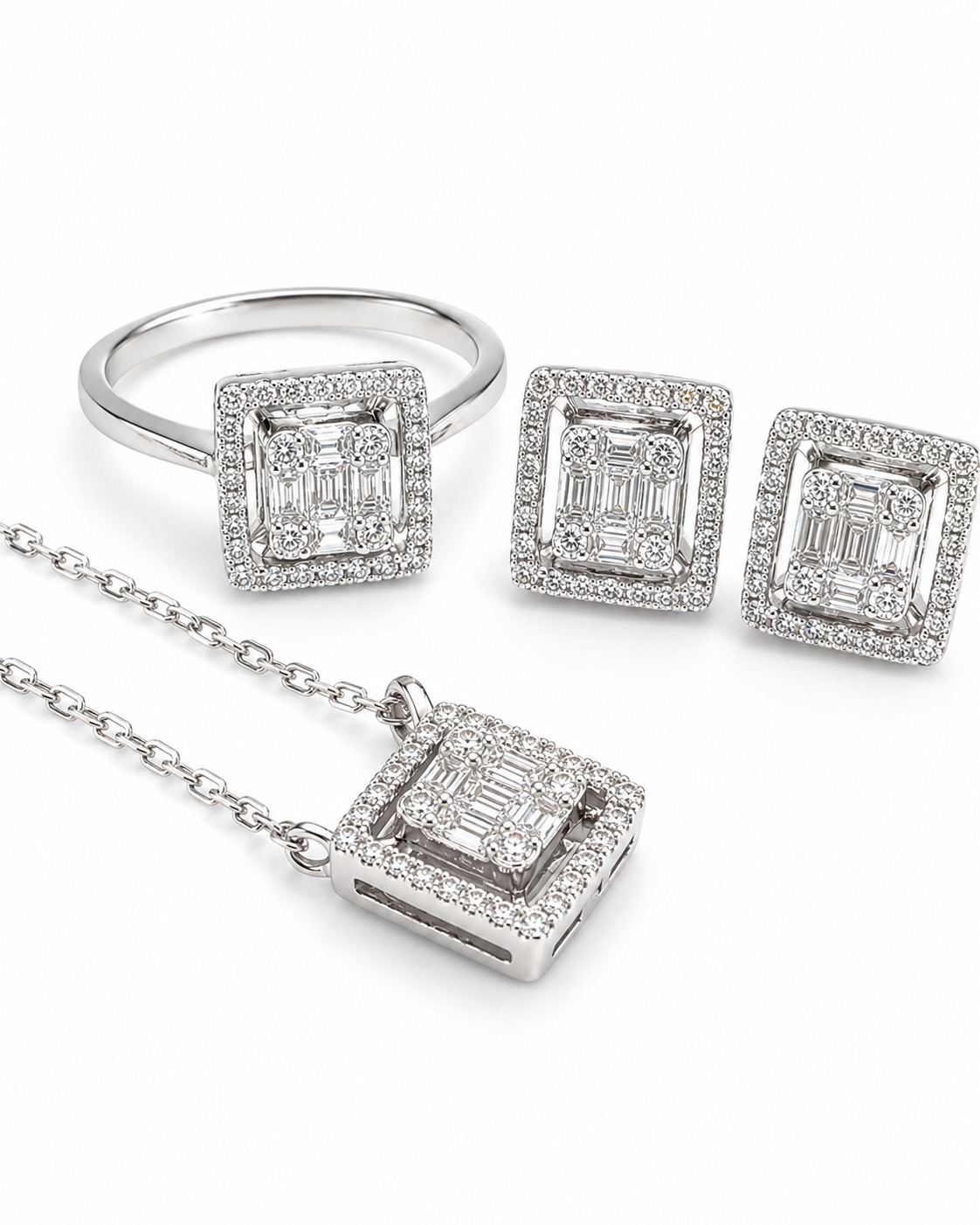 Classic Square Halo Diamond Jewelry Set 18K