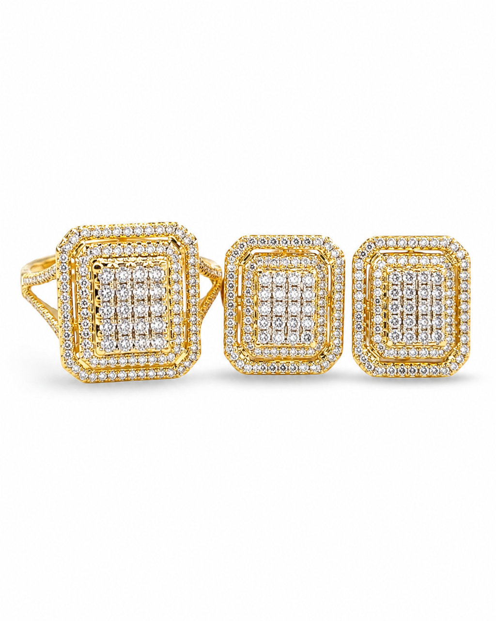 Golden Classic Emerald Halo Diamond Jewelry Set 14K