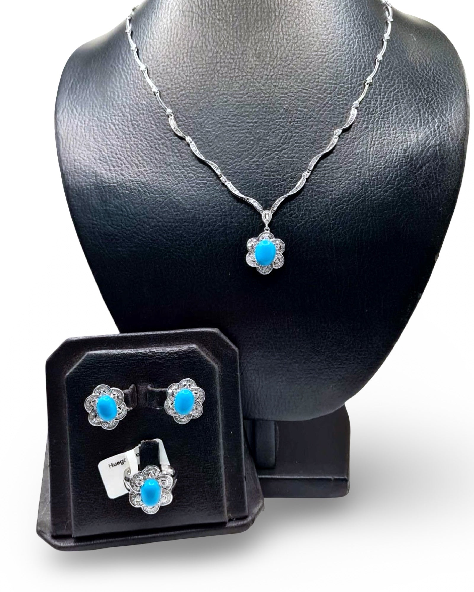 Turquoise Gemstones Floral Deco Diamond Jewelry Set 14K