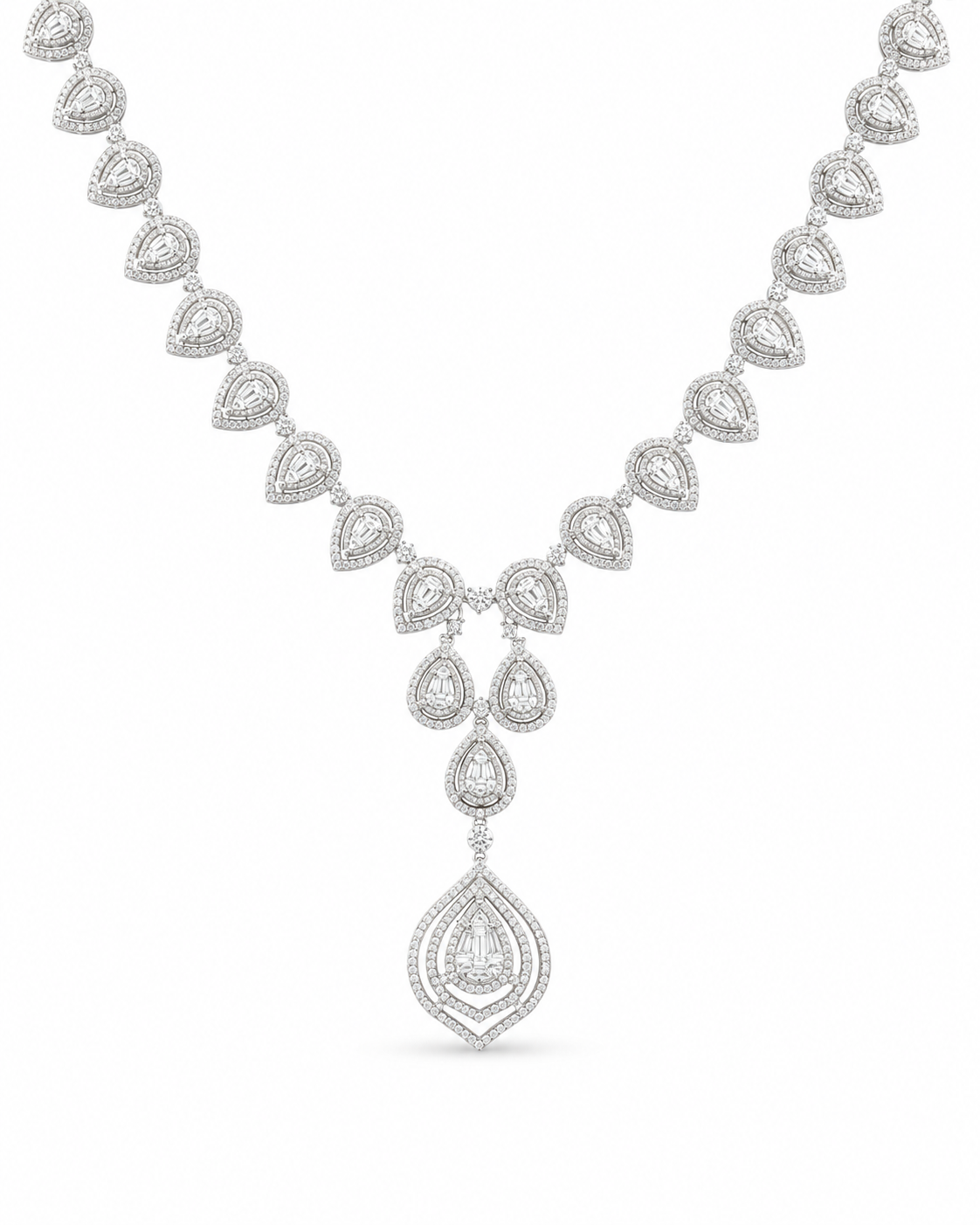 Classic Pear Treardrop Deco Statement Diamond Necklace 14K
