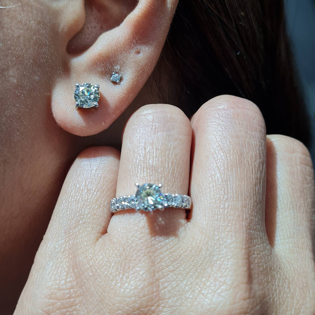 3cts Classic Round Paved Stud Diamond Jewelry Set 14K GIA