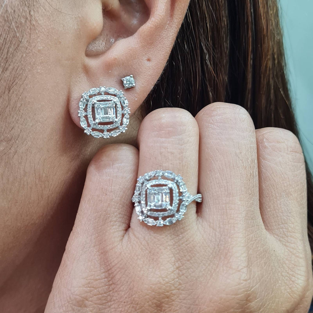 Classic Cushion Double Halo Paved Diamond Jewelry Set 14K