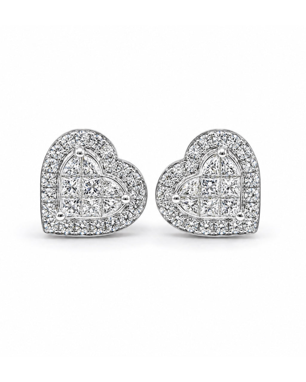Classic Heart Invisible Setting Stud Diamond Earrings 18K