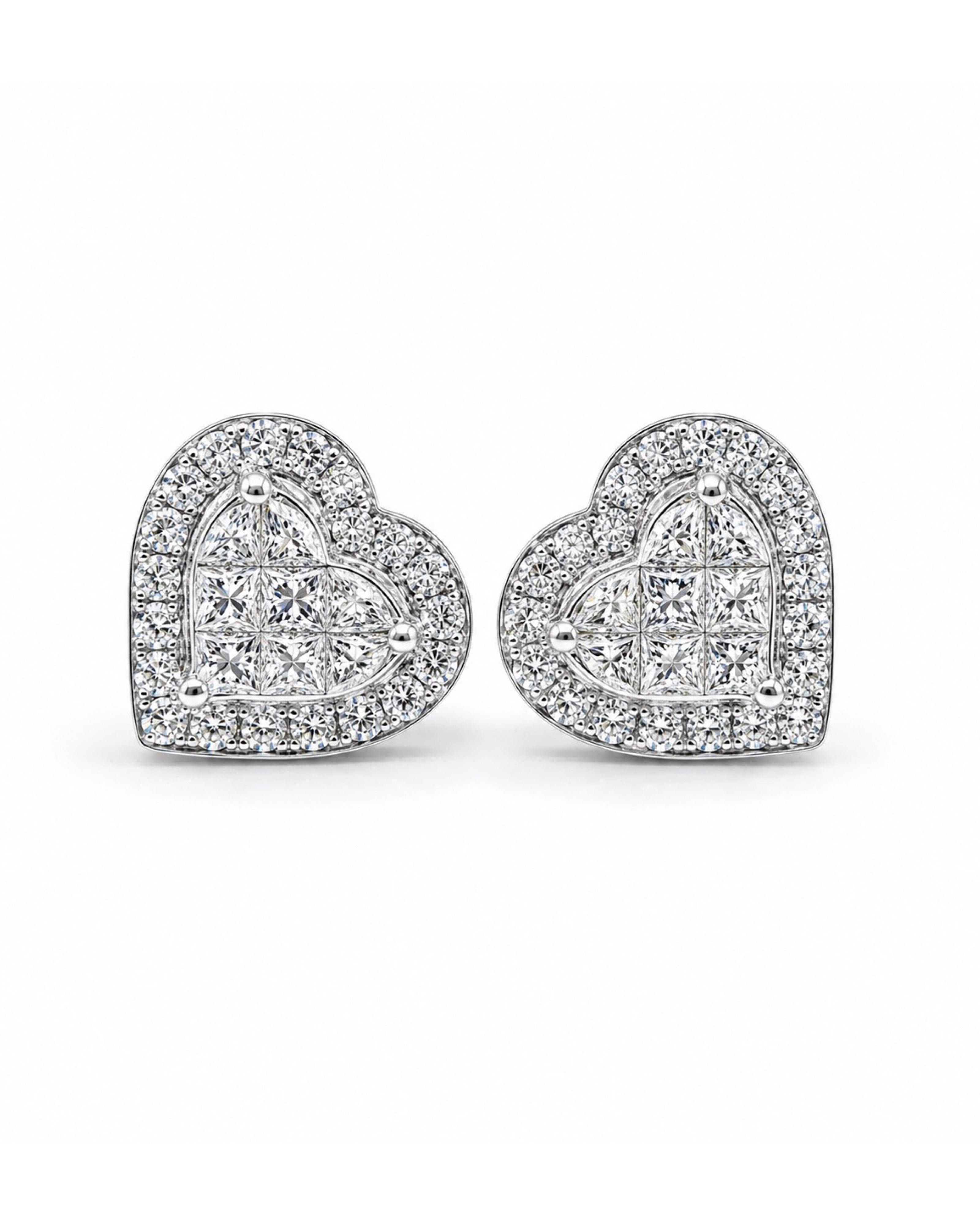 Classic Heart Invisible Setting Stud Diamond Earrings 18K