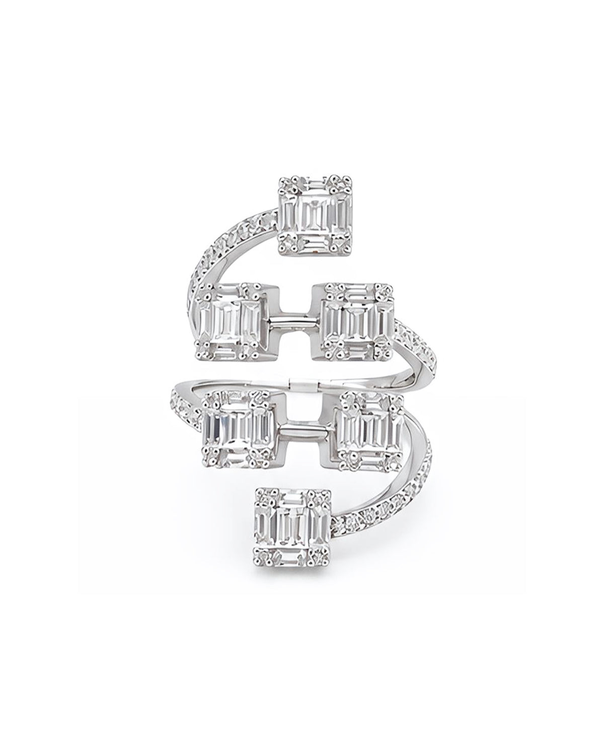 Classic Square Cluster Baguette Overlap Statement Diamond Ring 18K