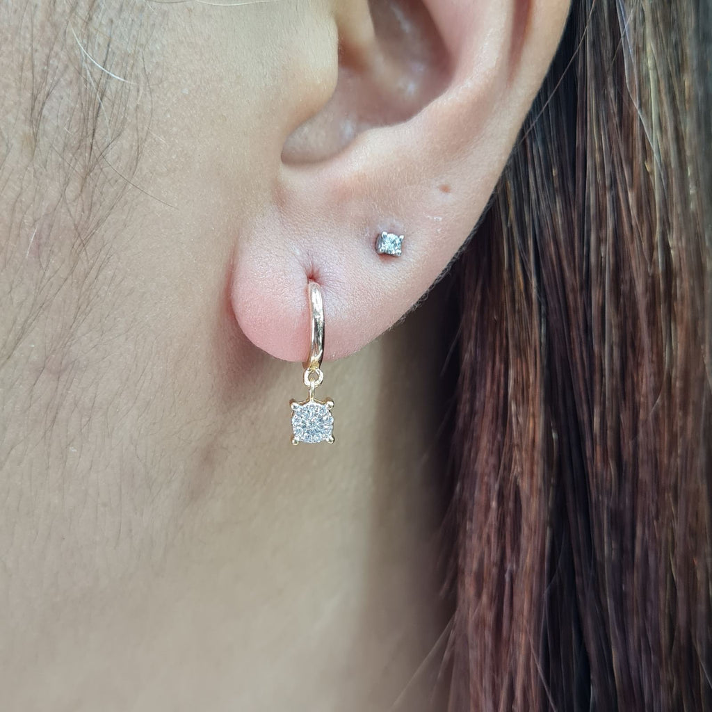 Classic Golden Round Hoop Dangling Diamond Earrings 14K